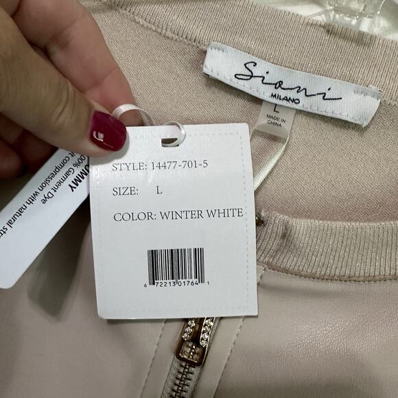 Sioni Zip Front Mixed Media Jacket L Faux Leather Winter White Knit Designer NEW - Picture 4 of 9